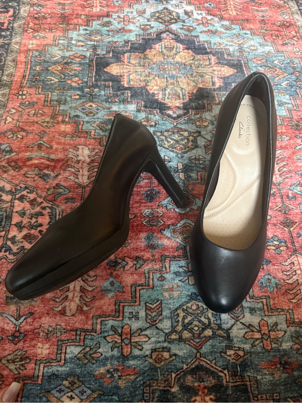 Clarks Black Leather Mid-Heel Platform Pumps